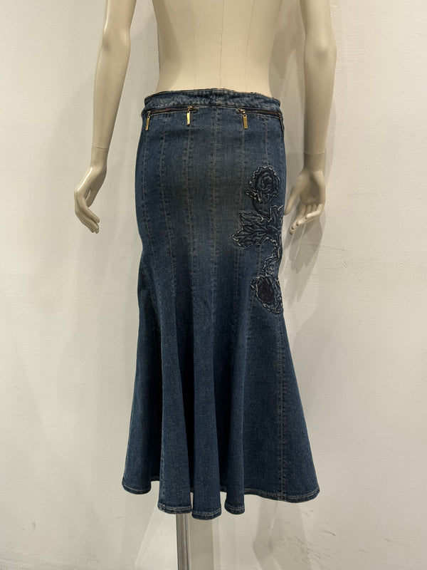 F/W2002 Roberto Cavalli floral tattoo embroidered denim skirt