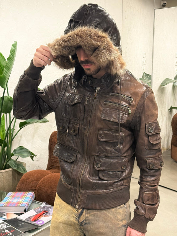 A/W2003 Dolce & Gabbana coyote fur multi-pockets cargo leather jacket