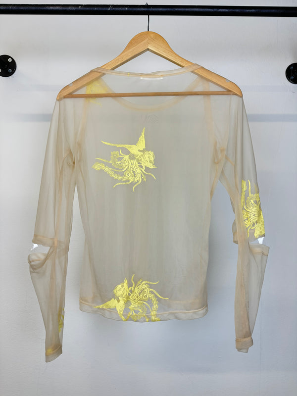 AW1995 Helmut Lang Phoenix sheer t-shirt with slashed elbow