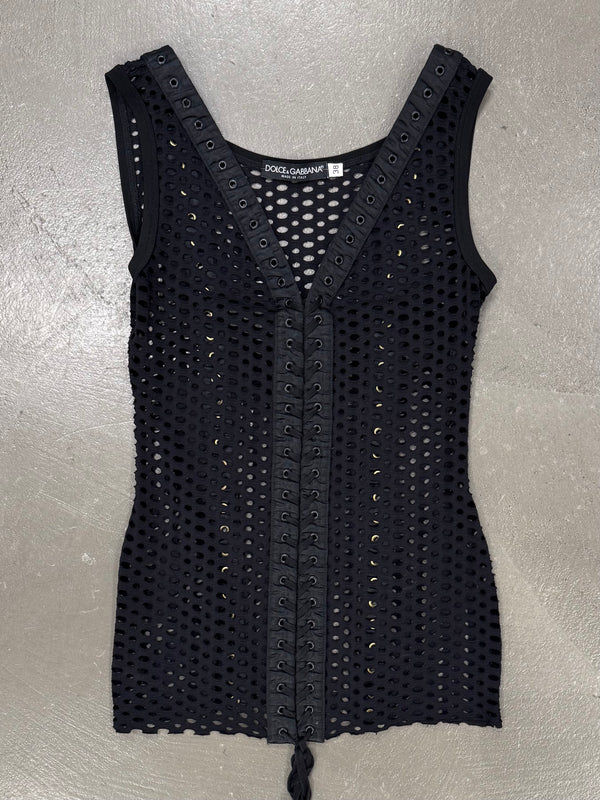 S/S2003 Dolce & Gabbana fishnet bondage lace-up tank top