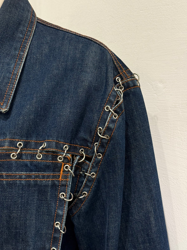 2000s Jean Paul Gaultier pierced patchwork denim jacket