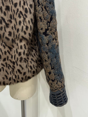 2000s Roberto Cavalli leopard print jacket with knit sleeves and fur details