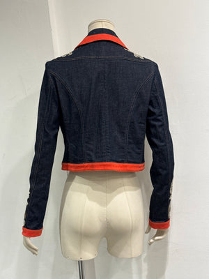 2000s Cavalli floral tapestry printed cropped denim jacket
