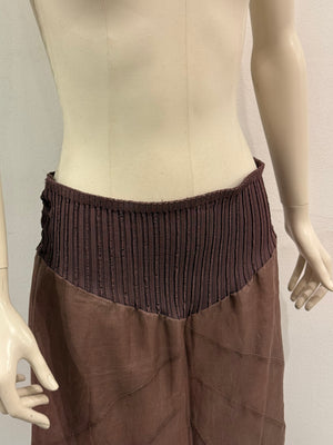 2000s Roberto Cavalli brown silk pleated waistband fluid long skirt