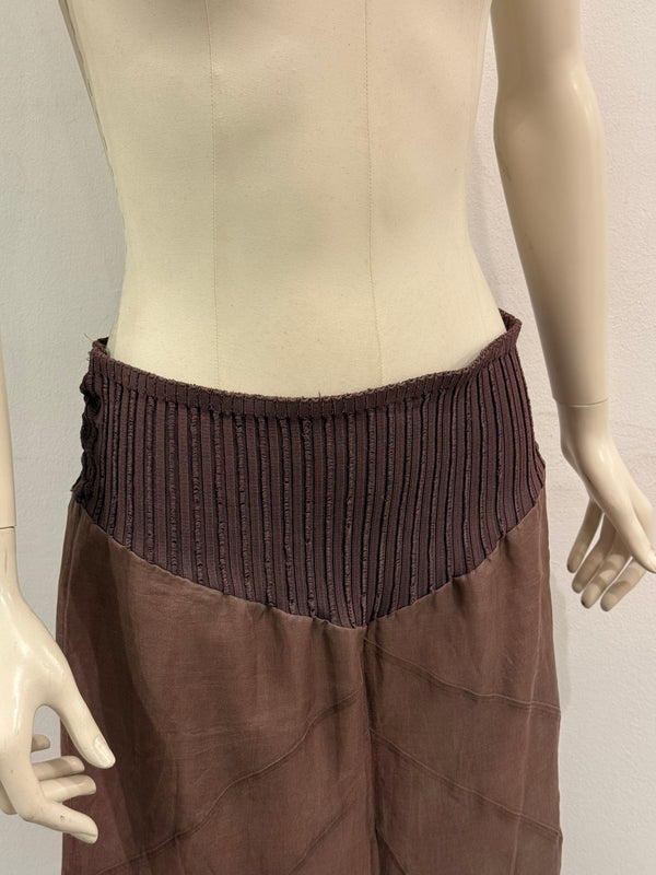 2000s Roberto Cavalli brown silk pleated waistband fluid long skirt