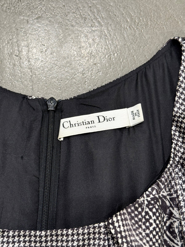 2000s Christian Dior Houndstooth silk dress with floral Appliqué