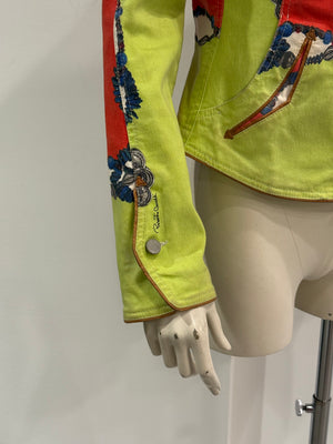 2000s Roberto Cavalli leopard printed patchwork denim jacket