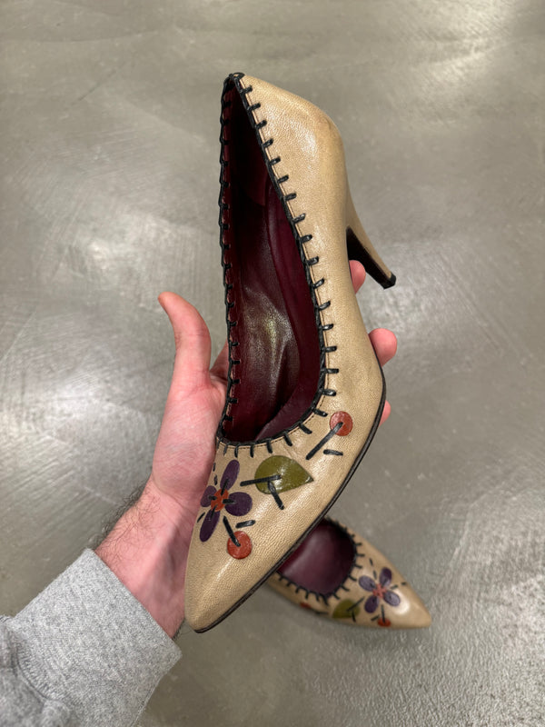Prada floral appliqués leather heels