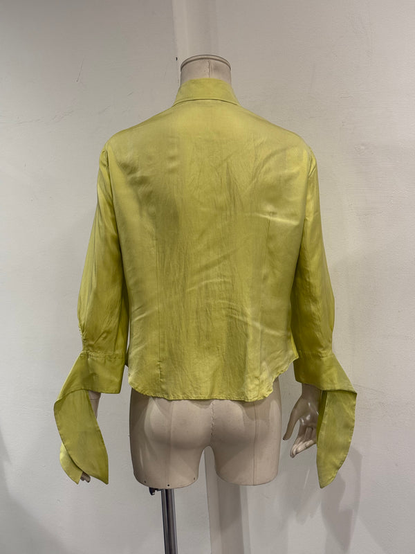 2000s Roberto Cavalli lime green silk shirt with flared cuffs