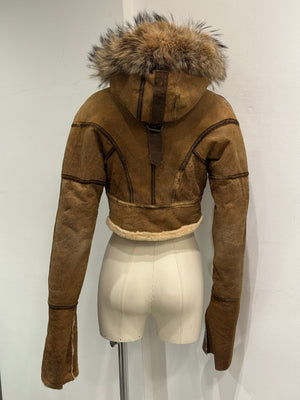 A/W2003 Roberto Cavalli cropped shearling aviator jacket with fox fur hood