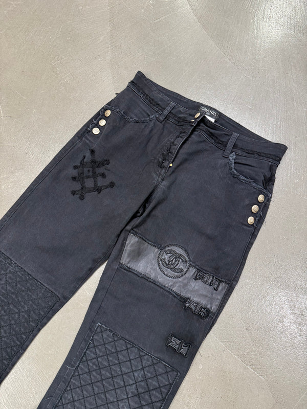 2000s Chanel black distressed patchwork jeans