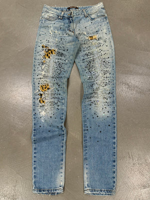 Roberto Cavalli distressed leopard patch glitter embellished jeans