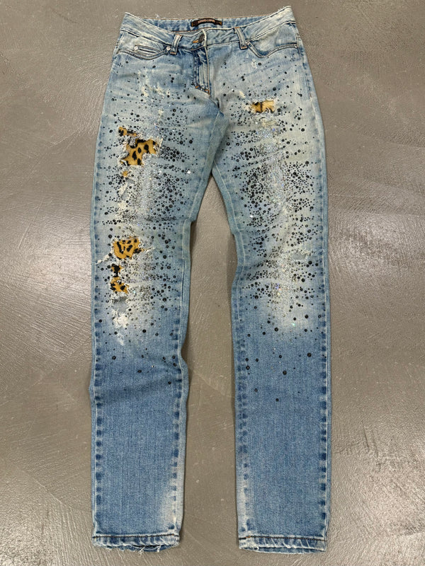 Roberto Cavalli distressed leopard patch glitter embellished jeans