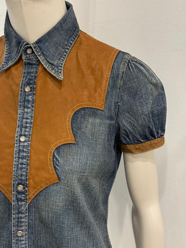 2000s Dsquared2 western denim leather panel shirt