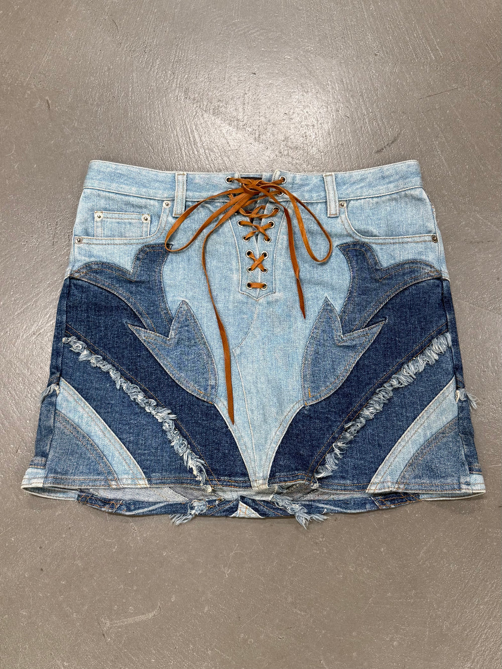 2000s Roberto Cavalli Patchwork denim lace up mini skirt