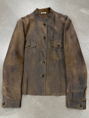 2000s Miu Miu burned distressed military leather jacket