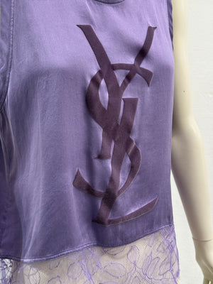 2000s Yves Saint Laurent by Tom Ford logo lace hem silk top