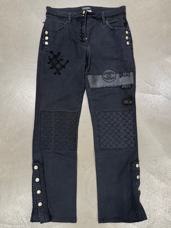 2000s Chanel black distressed patchwork jeans