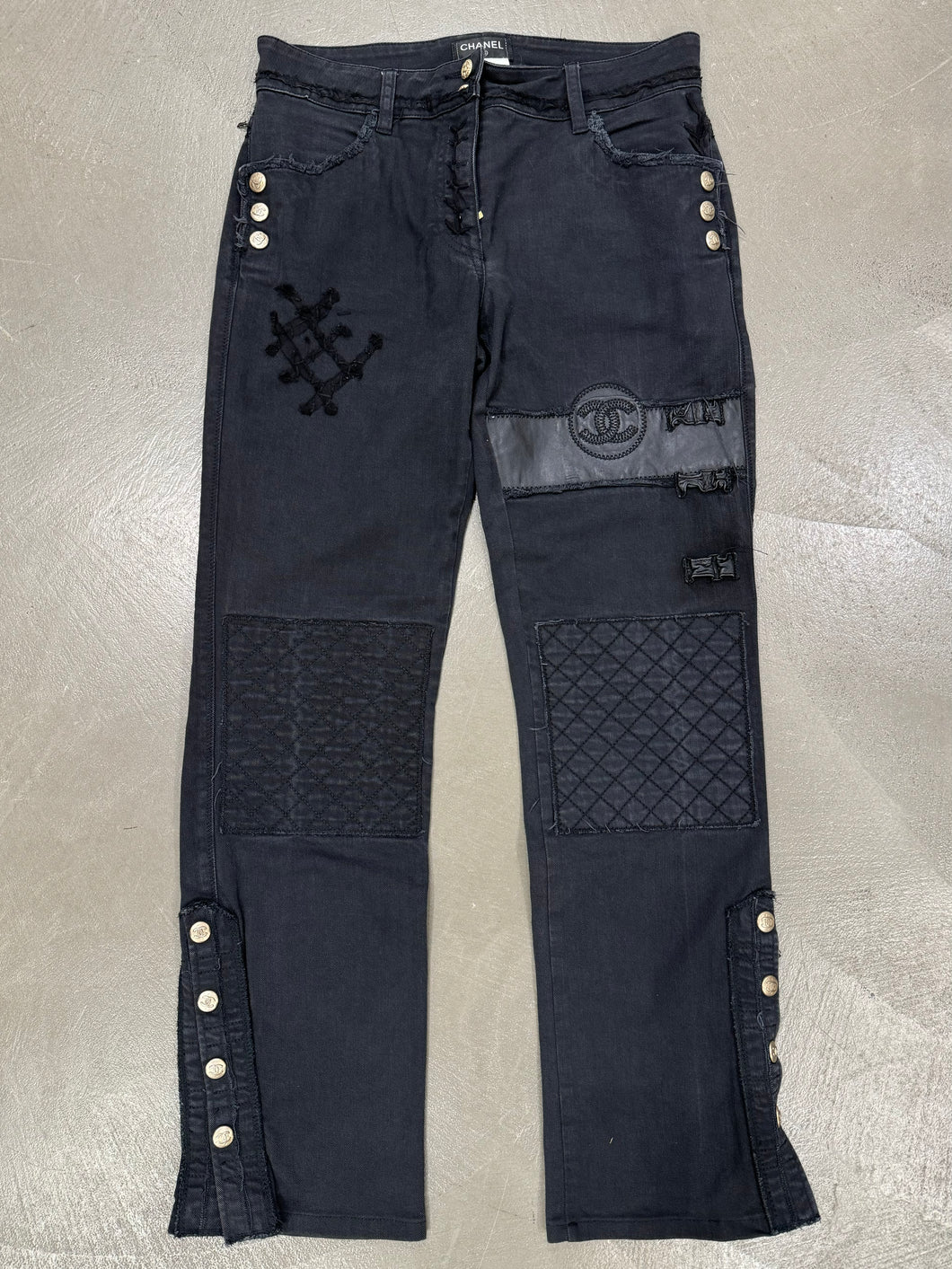 2000s Chanel black distressed patchwork jeans