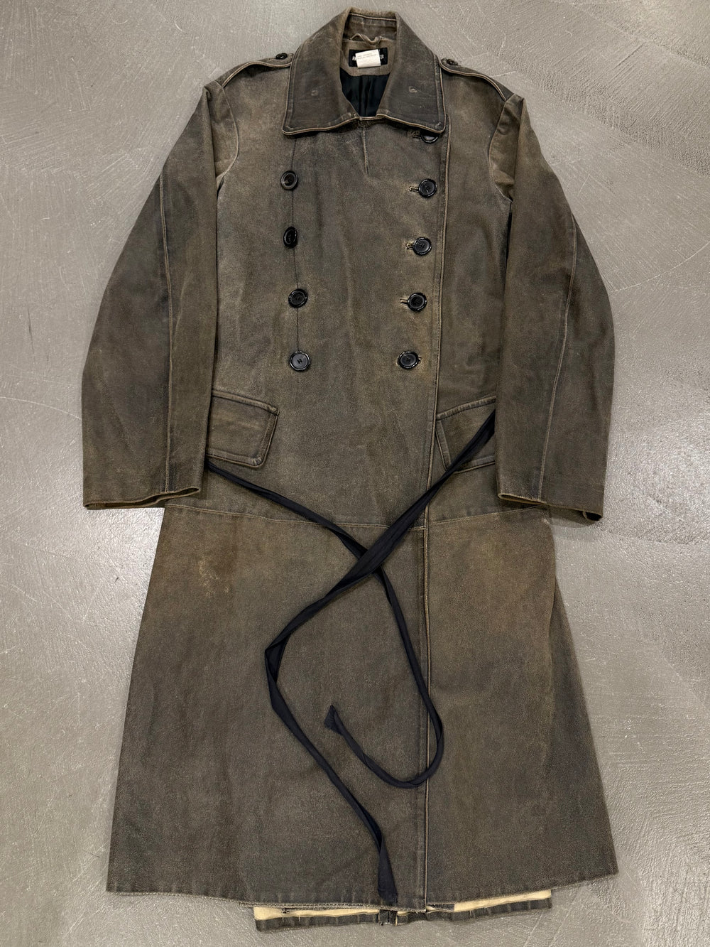 2002 Ann Demeulemeester distressed leather double-breasted belted coat