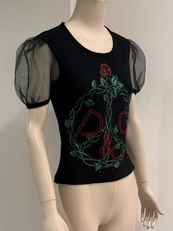 2001 Dolce & Gabbana rose graphic and tulle sleeve t-shirt
