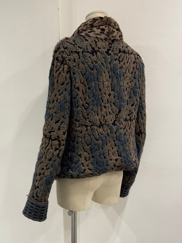 2000s Roberto Cavalli leopard print jacket with knit sleeves and fur details