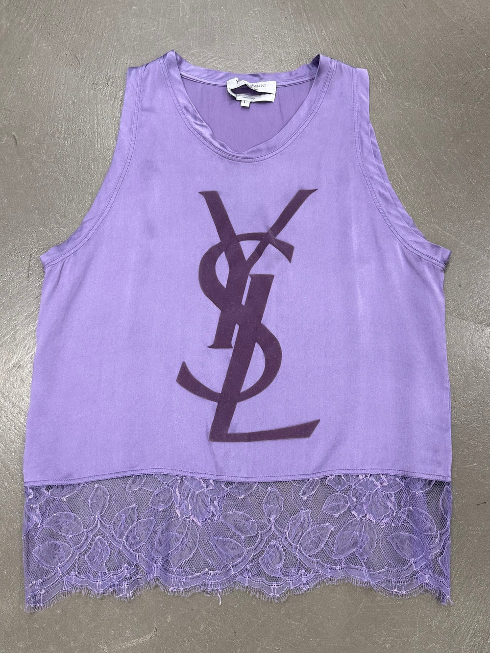 2000s Yves Saint Laurent by Tom Ford logo lace hem silk top