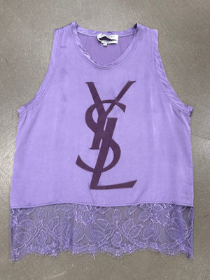 2000s Yves Saint Laurent by Tom Ford logo lace hem silk top