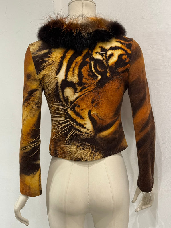 F/W2000 Roberto Cavalli tiger print cardigan with fur collar