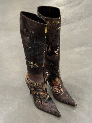 2003 Roberto Cavalli embossed leather appliqué knee-high boots