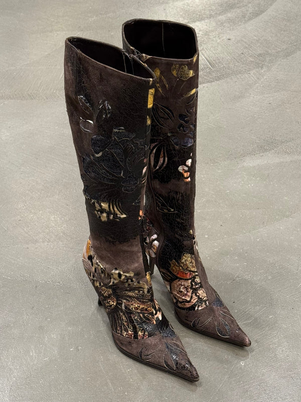 2003 Roberto Cavalli embossed leather appliqué knee-high boots