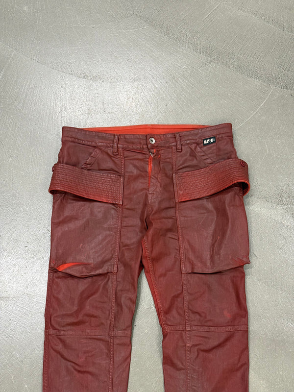 2010s Rick Owens red waxed cargo pants