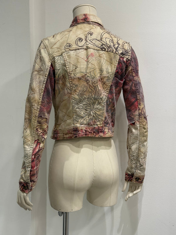 2001 Cavalli floral distressed double layer denim jacket