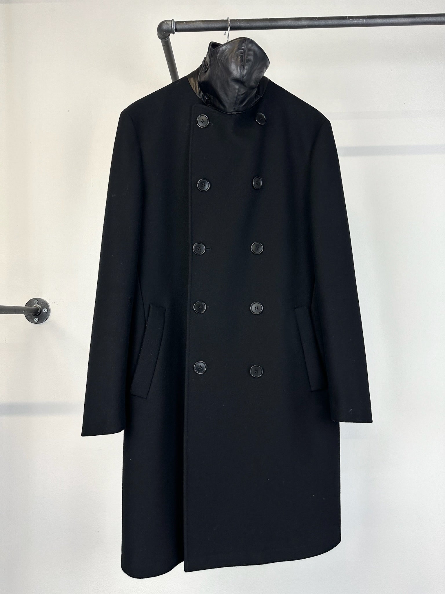 AW2001 Helmut Lang double breasted leather mask coat