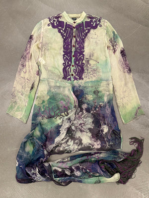 2000s Jean Paul Gaultier printed silk embroidered draped dress