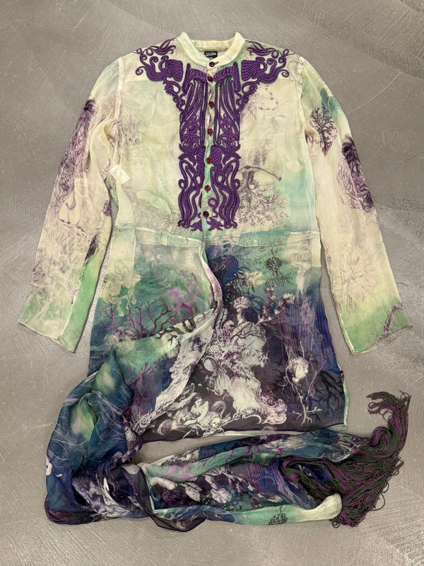 2000s Jean Paul Gaultier printed silk embroidered draped dress