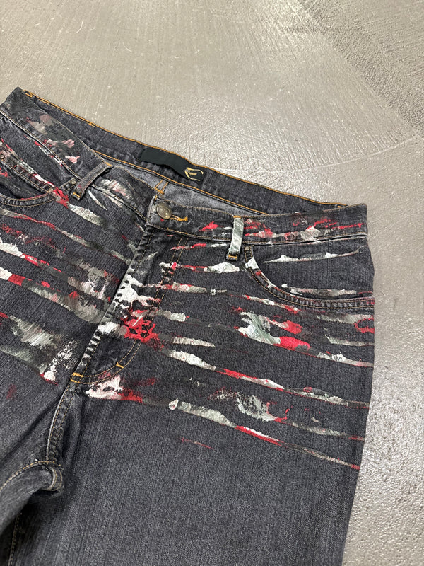 2001 Just Cavalli distressed paint splatter flare jeans