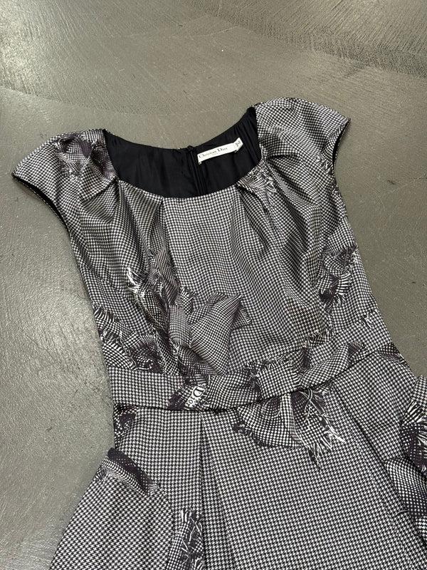 2000s Christian Dior Houndstooth silk dress with floral Appliqué