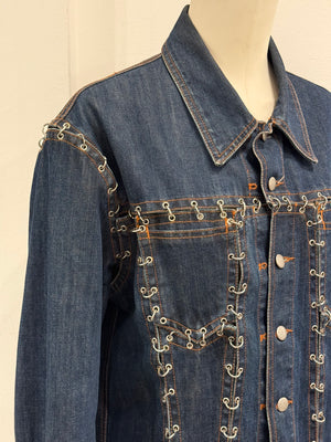 2000s Jean Paul Gaultier pierced patchwork denim jacket