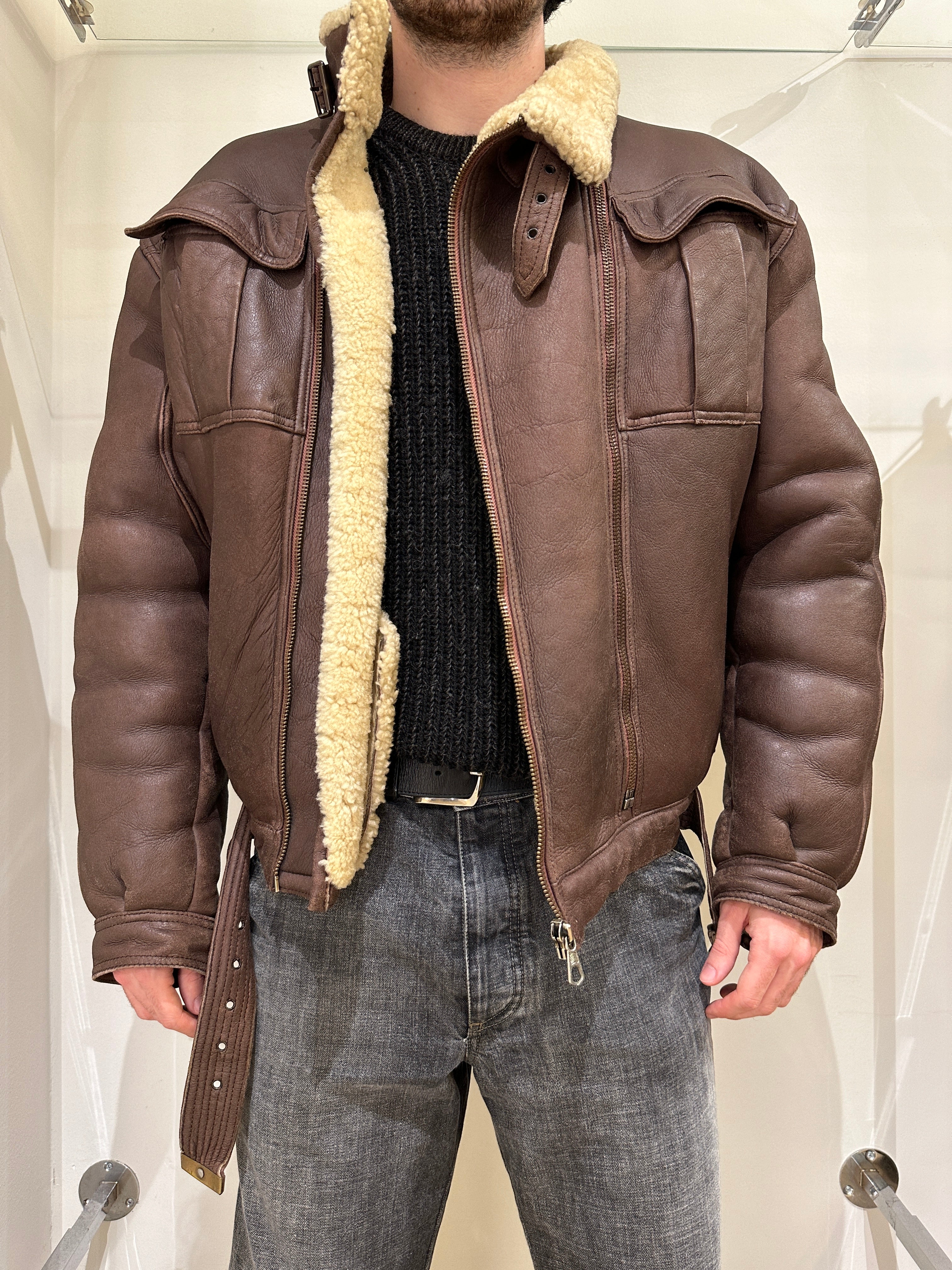 1980s Giorgio Armani oversized double zipper shearling jacket