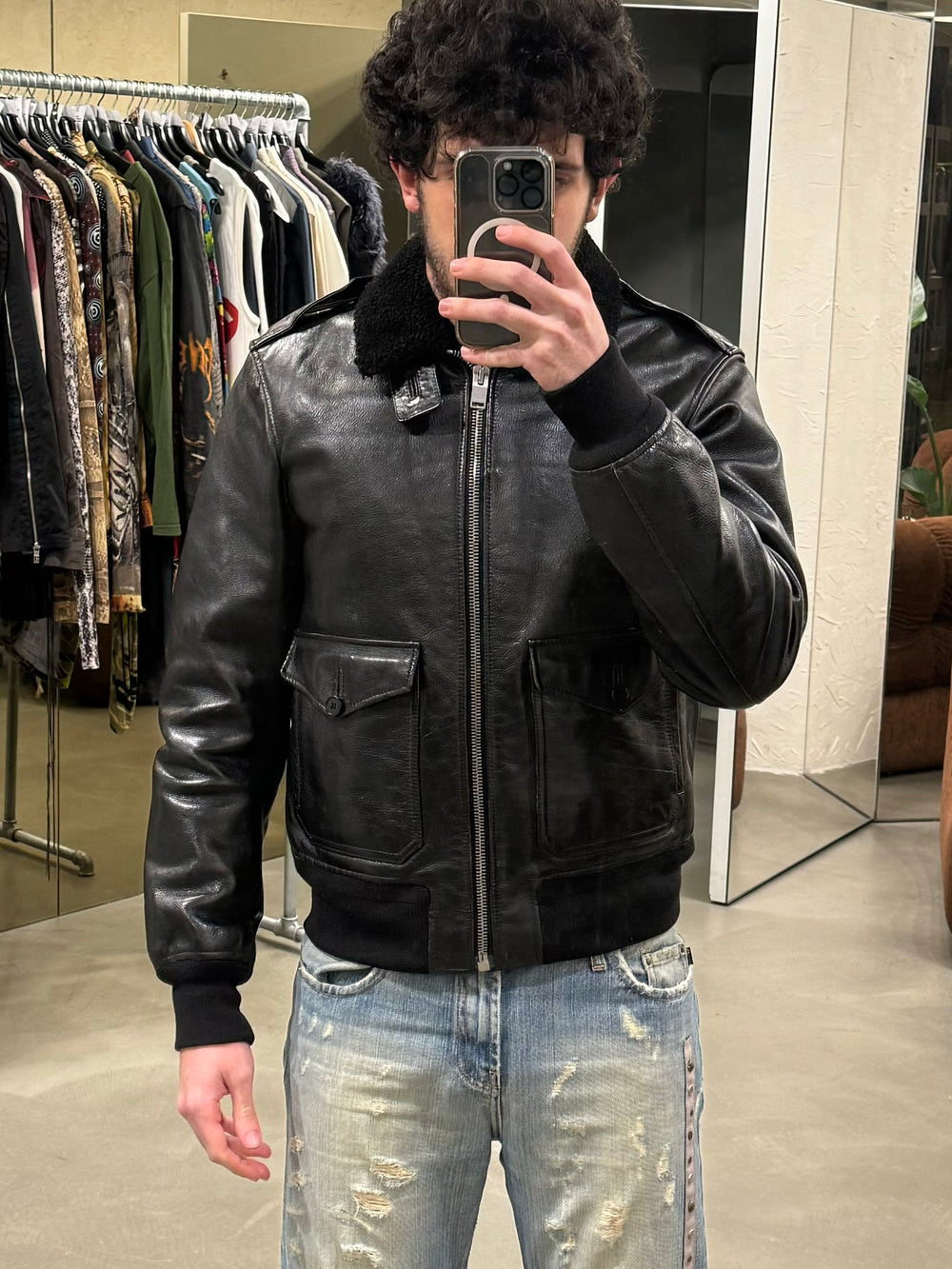 A/W2013 Saint Laurent by Hedi Slimane aviator shearling leather bomber jacket