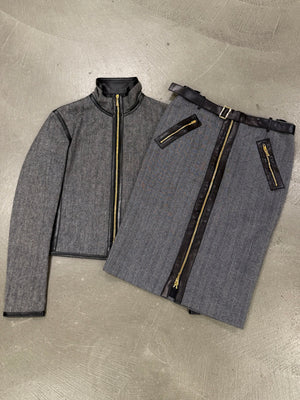 A/W2000 Gucci by Tom Ford runway set leather trip jacket & skirt