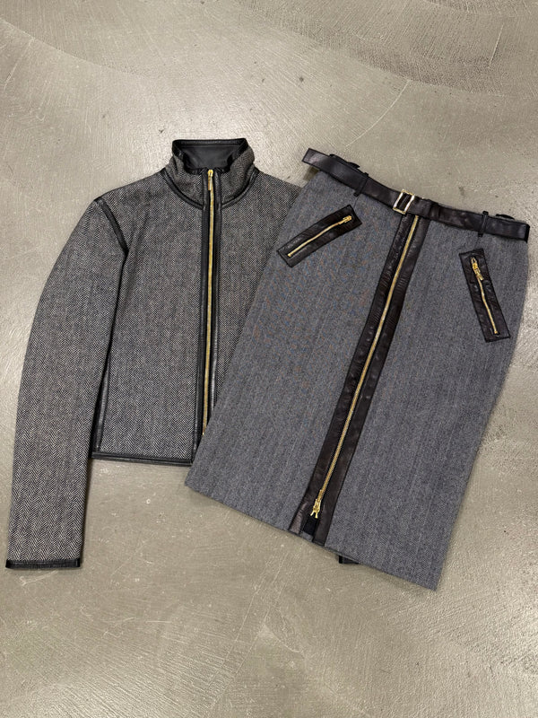 A/W2000 Gucci by Tom Ford runway set leather trip jacket & skirt