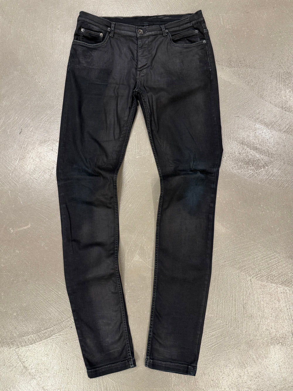 2000s Rick Owens coated distressed faded slim jeans