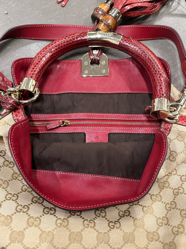 2008 Gucci x Unicef Indy GG canvas snakeskin hobo bag