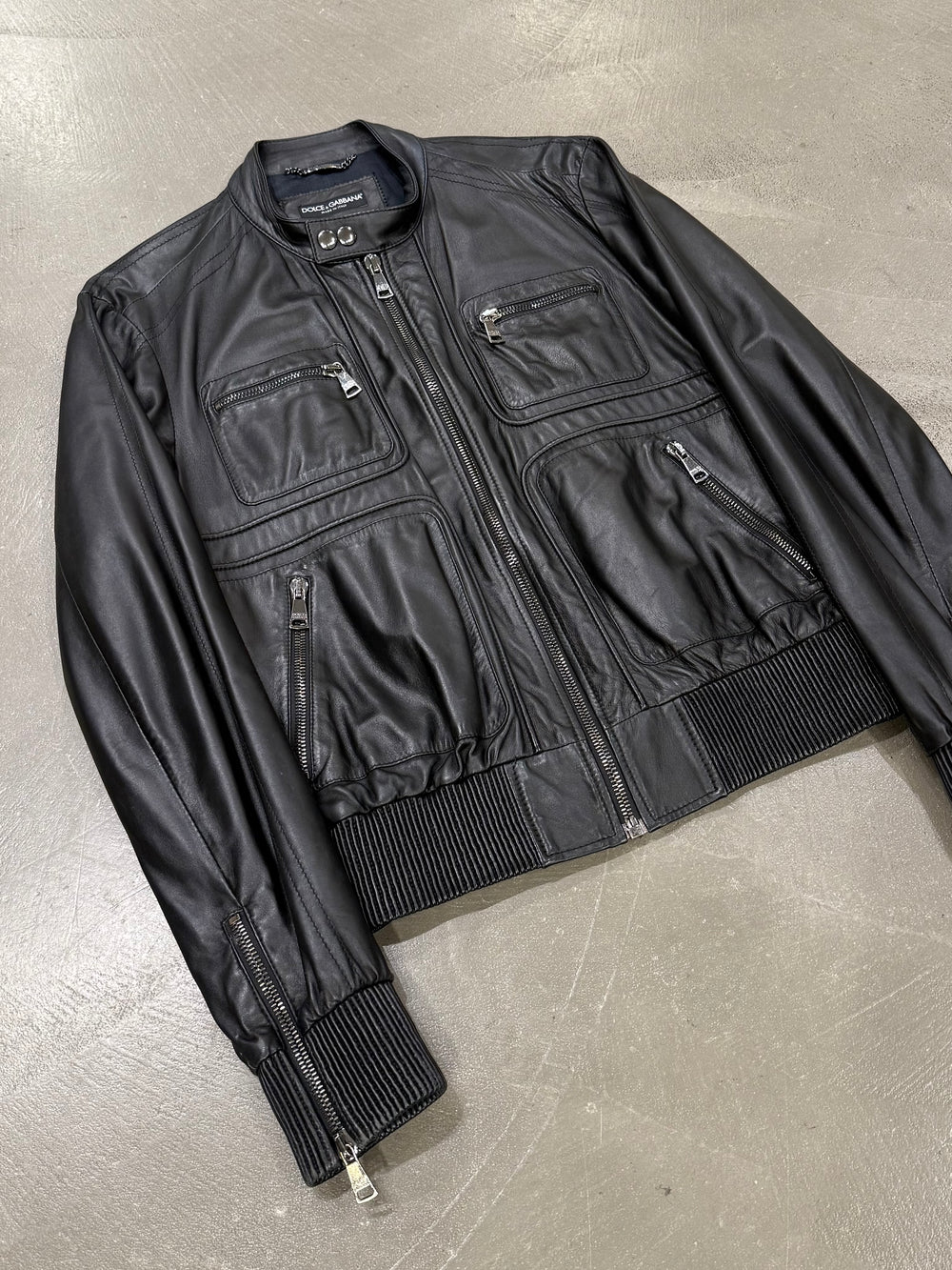 2000s Dolce & Gabbana leather bomber jacket with multiple zip pockets