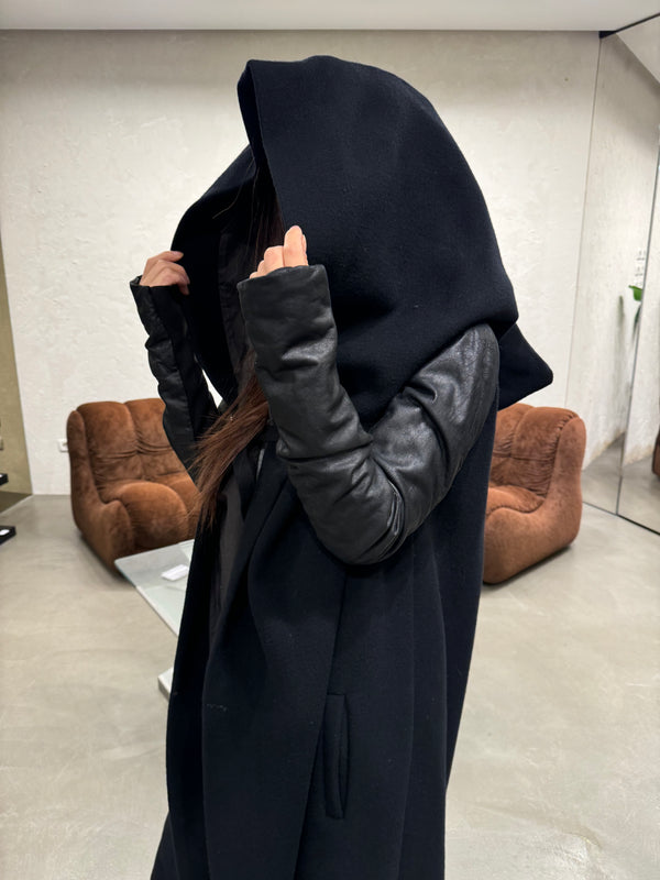 2000s Rick Owens giant hood coat with leather sleeves