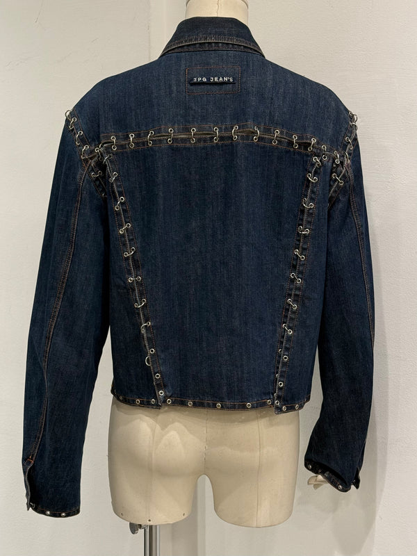 2000s Jean Paul Gaultier pierced patchwork denim jacket