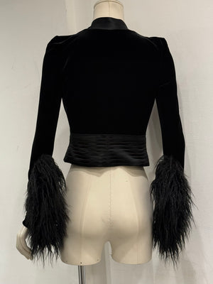 2022 Emporio Armani velvet napoleon jacket with feather trim