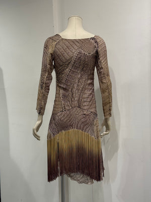 S/S2011 Roberto Cavalli silk crocodile print lace-up fringe dress